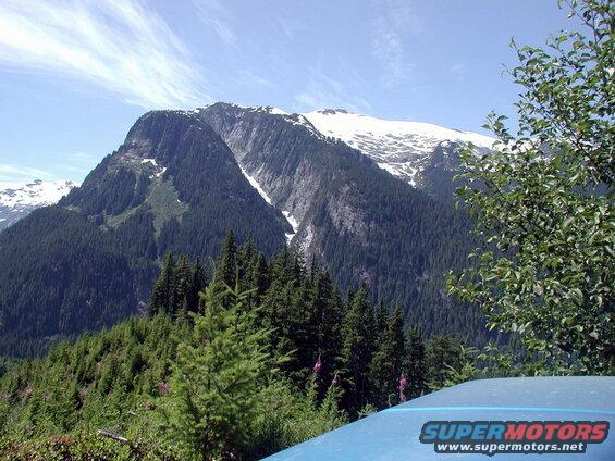 Mountain range with snow and trees, with a blue surface in the foreground.