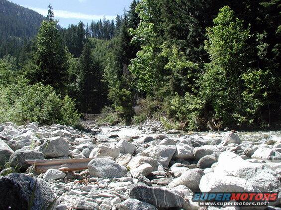 Rocky riverbed with trees and a mountain slope in the background.