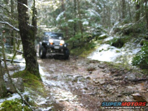 Black Jeep Wrangler driving on a snowy forest trail.