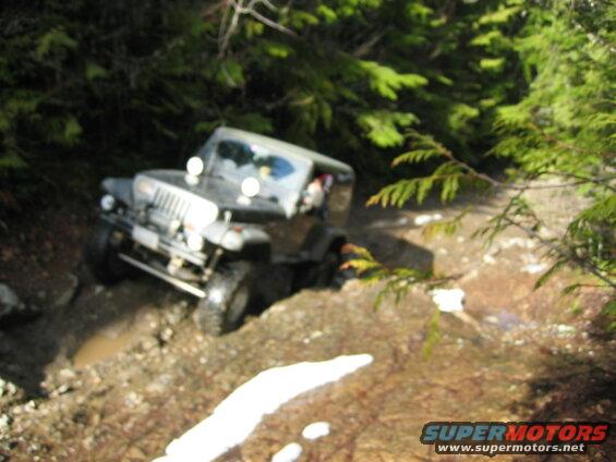 Silver Jeep Wrangler driving on a muddy off-road trail surrounded by trees.