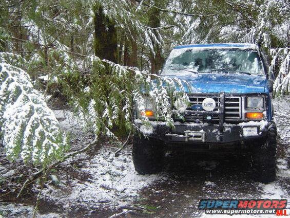 Blue Ford Bronco in a snowy forest