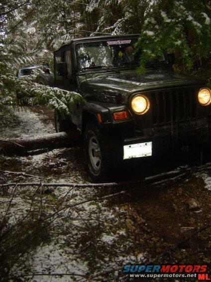 Dark green Jeep Wrangler on a snowy trail with headlights on.