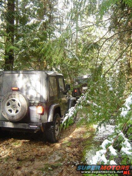 Dark Jeep Wrangler driving on a muddy, wooded trail with snow on branches.