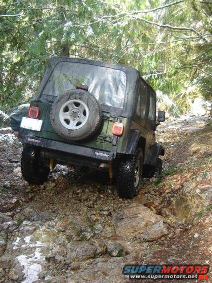 Green Jeep Wrangler off-roading on a rocky trail