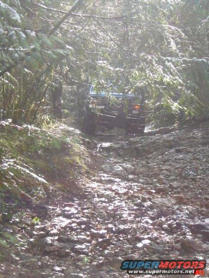 Blue 1980s Ford Bronco on a rocky, muddy forest trail.