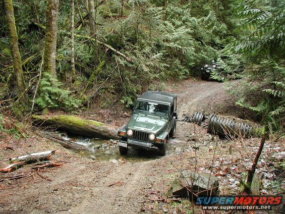 Two green Jeep Wranglers on a muddy forest trail, one crossing a stream.