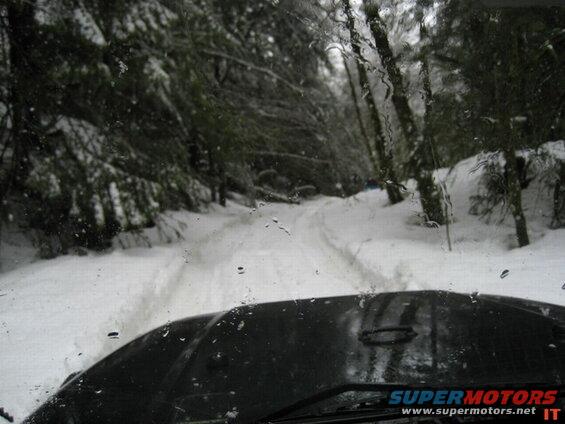 View from inside a vehicle driving on a snowy forest road, with water droplets on the windshield.