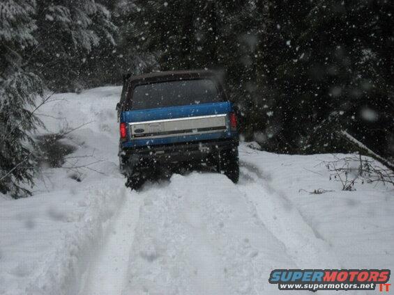 Blue Ford Bronco driving on a snowy forest road with falling snow.