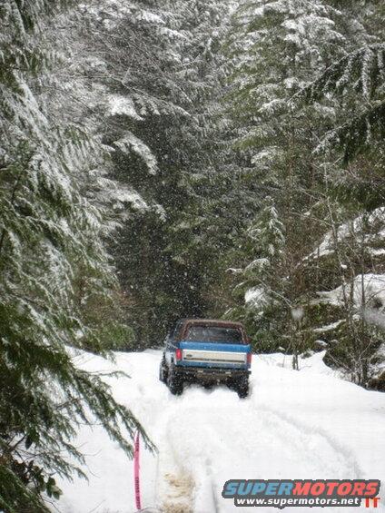 Blue and brown Ford Bronco driving on a snowy forest road.