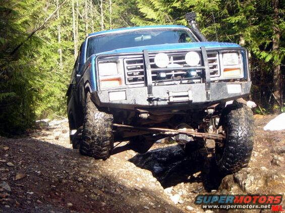 Blue Ford Bronco off-roading on a rocky, wooded trail.