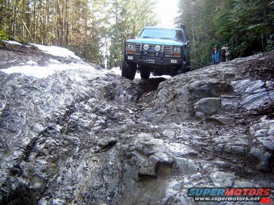 Teal SUV driving on a rocky off-road trail with snow.
