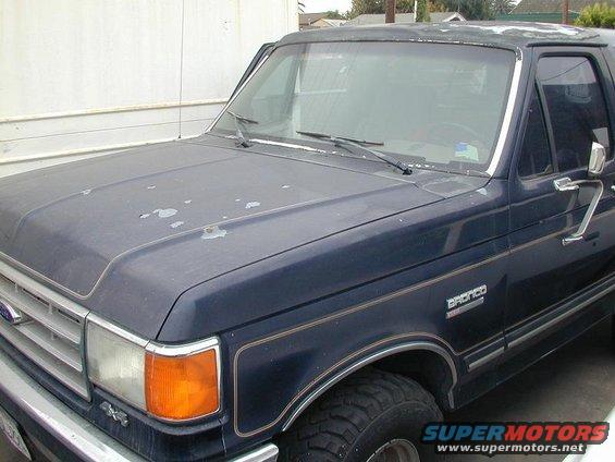 Dark blue Ford Bronco with peeling paint on the hood, seen from a 3/4 front angle