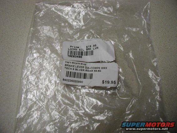 Plastic bag with two product labels for bicycle brake levers.