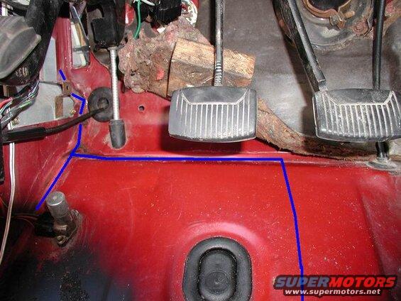 Interior firewall of a red vehicle with pedals, wiring, and blue line.