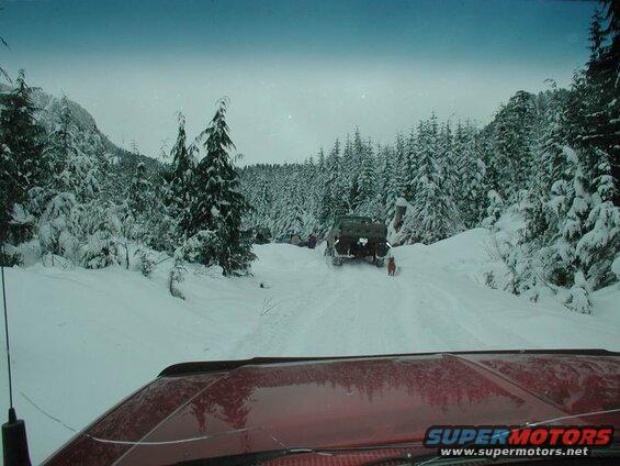 Red Ford F-250 hood and windshield in foreground, snow-covered trees and a military truck in background.