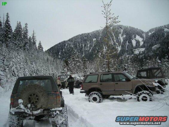 Brown SUV with large tires in a snowy forest setting.