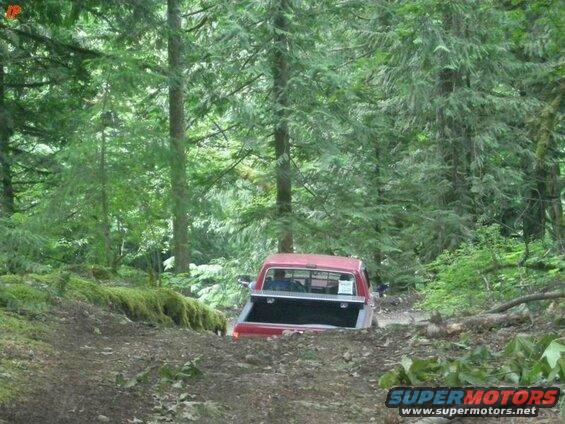Red Ford pickup truck driving on a dirt path in a forest.
