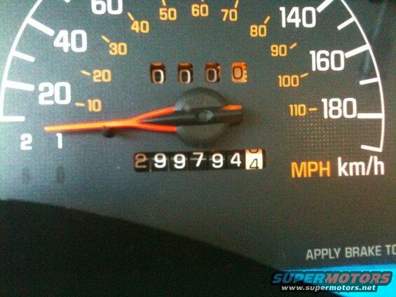 Car dashboard speedometer and odometer showing 299794 miles.