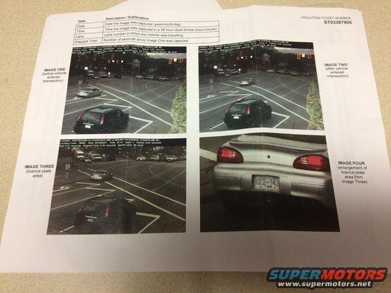 Traffic violation document with images of a black SUV and a silver car's license plate.