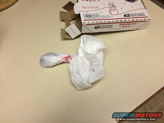 Plastic bag with object tied by red string on counter next to Priority Mail box.