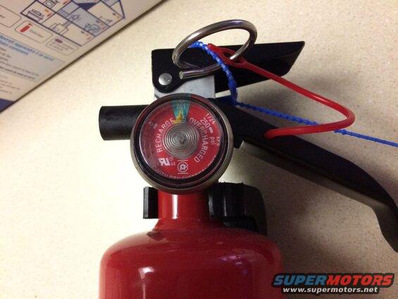 Red fire extinguisher with a pressure gauge showing 'Charged' and intact safety seals.