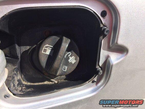 Silver car fuel filler door with black gas cap showing fuel and emissions symbols.