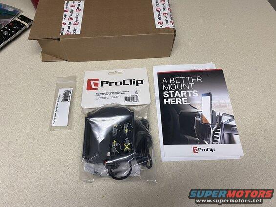 ProClip products including box, cable clip, charging holder, and brochure