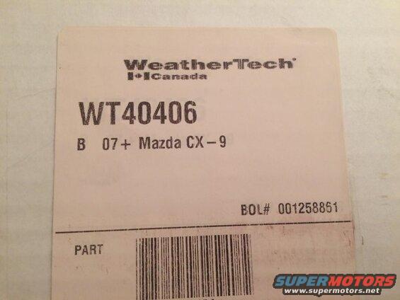 WeatherTech label for 2007+ Mazda CX-9, part number WT40406