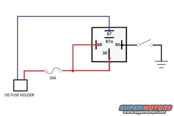 Automotive relay wiring diagram with fuse holder, 20A fuse, switch, and ground.