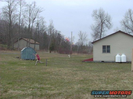 Rural scene with a person throwing a ball near a shed and a house