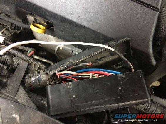 Close-up of an open black electrical box with many colorful wires inside, in a vehicle engine bay.