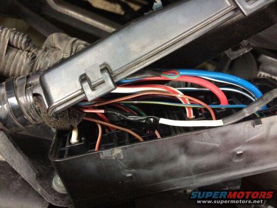 Close-up of an open automotive fuse box with colorful wires.