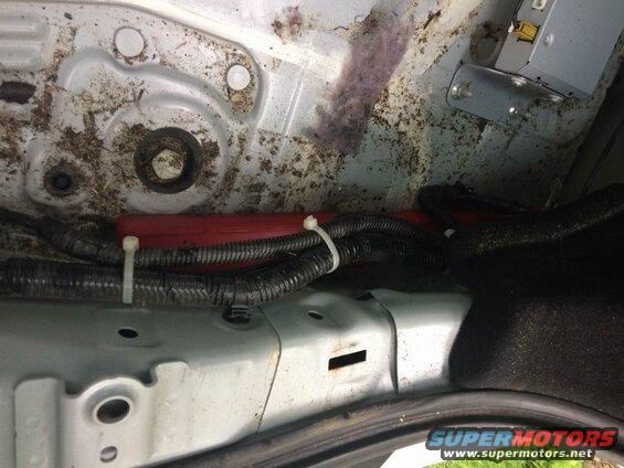 Underside of a vehicle showing dirt, wiring harnesses, and metal frame.