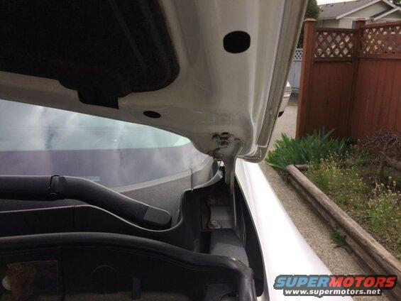 Underside of a white car hood, showing hinge and insulation.
