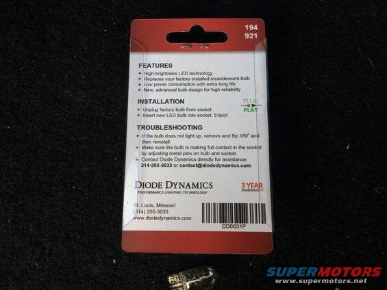 Diode Dynamics LED bulb packaging with installation and troubleshooting instructions