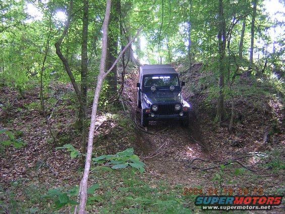 Dark Jeep Wrangler driving on a wooded trail