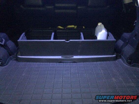Black plastic cargo organizer with a white jug in the back of a vehicle.