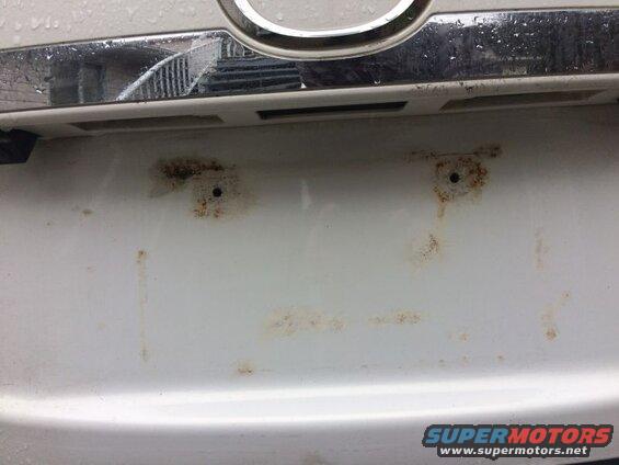 Plate removed; the damage caused by the license plate resting on the paint.