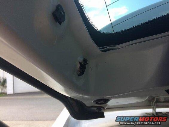 Interior of a car's rear hatch showing damage and a rubber seal.