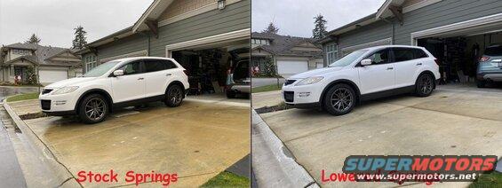 White 2009 Mazda CX-9 with stock and lowered springs side-by-side.