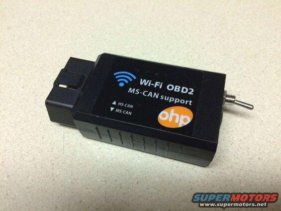 Black Wi-Fi OBD2 scanner with 'ohp' logo and toggle switch.