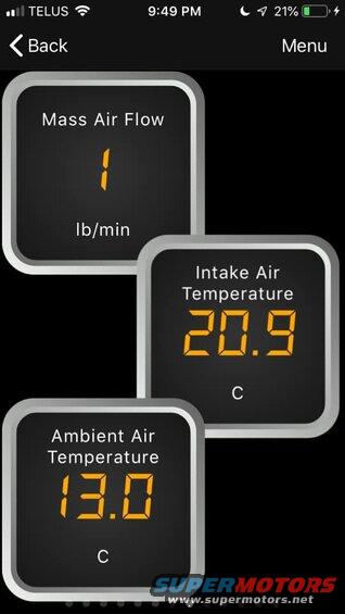 Screenshot of a mobile app showing Mass Air Flow, Intake Air Temperature, and Ambient Air Temperature gauges.