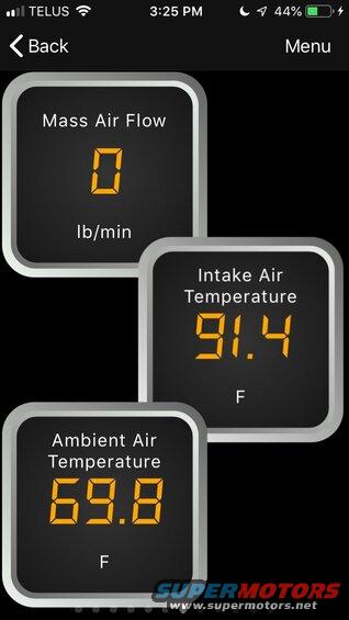 Smartphone screen displaying digital gauges for Mass Air Flow, Intake Air Temperature, and Ambient Air Temperature.