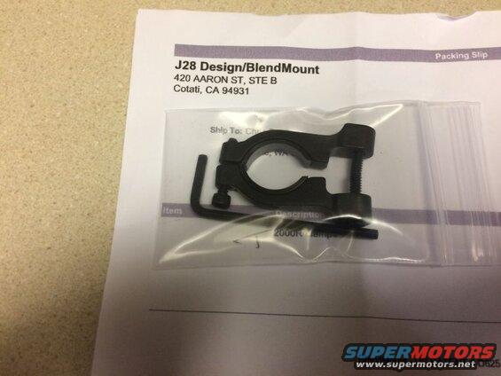 Black metal clamp and Allen wrench on a J28 Design/BlendMount packing slip.