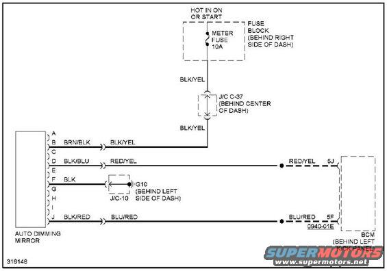 Wiring diagram for auto-dimming mirror showing electrical connections.