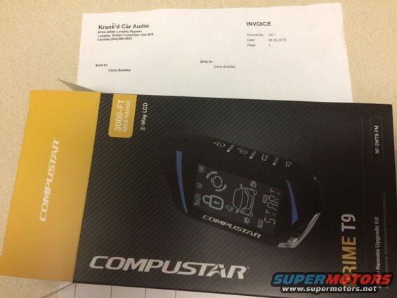 Compustar Prime T9 remote upgrade kit box and Krank'd Car Audio invoice.