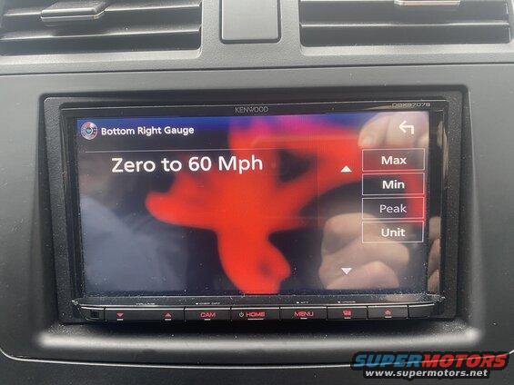 Car infotainment screen showing Zero to 60 Mph gauge with Max, Min, Peak, Unit options.
