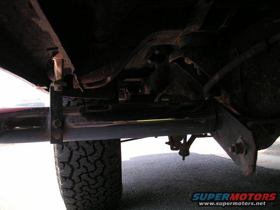 Underbody view of vehicle with chrome step bars and tire visible