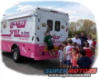 Ice cream truck with pink and white body, "Lickety Split Ice Cream" text, and a group of children gathered around the rear
