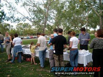 Outdoor gathering with people and cars parked in the background